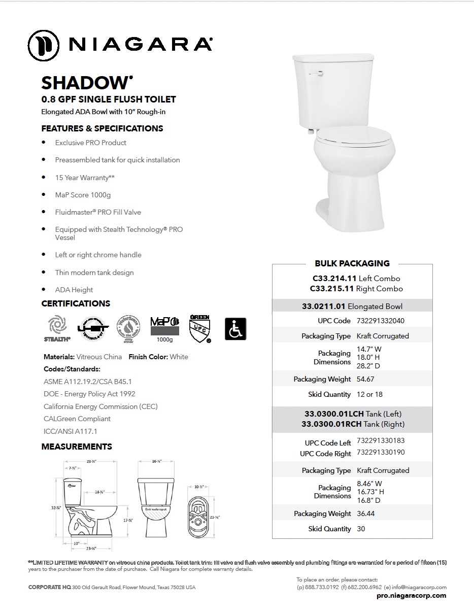 SHADOW<sup>®</sup> 0.8 GPF 10″ Rough-In Elongated Bowl ADA Height Toilet